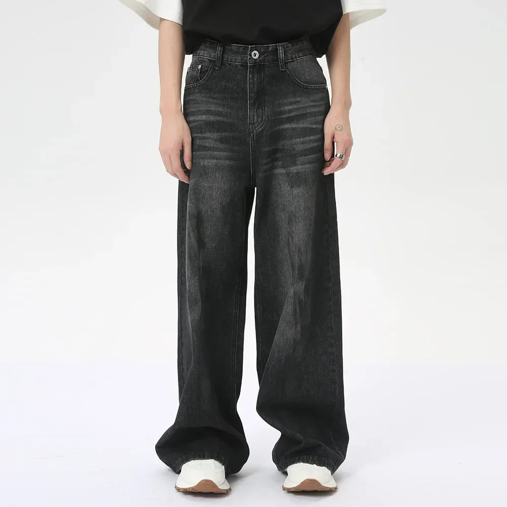 

Male Jeans Distressed Straight Full Length Men Denim Pants Loose High Waist Spliced Pockets Zipper Fly 2024 Winter Vintage Man
