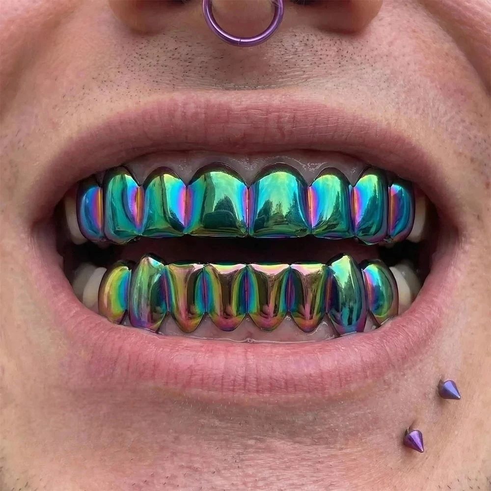 Rainbow Color Hip Hop Grillz Set 6-8 Teeth Smooth Surface Quenched Men Women Top & Bottom Shinny Punk Rapper Jewelry Accessory image 2