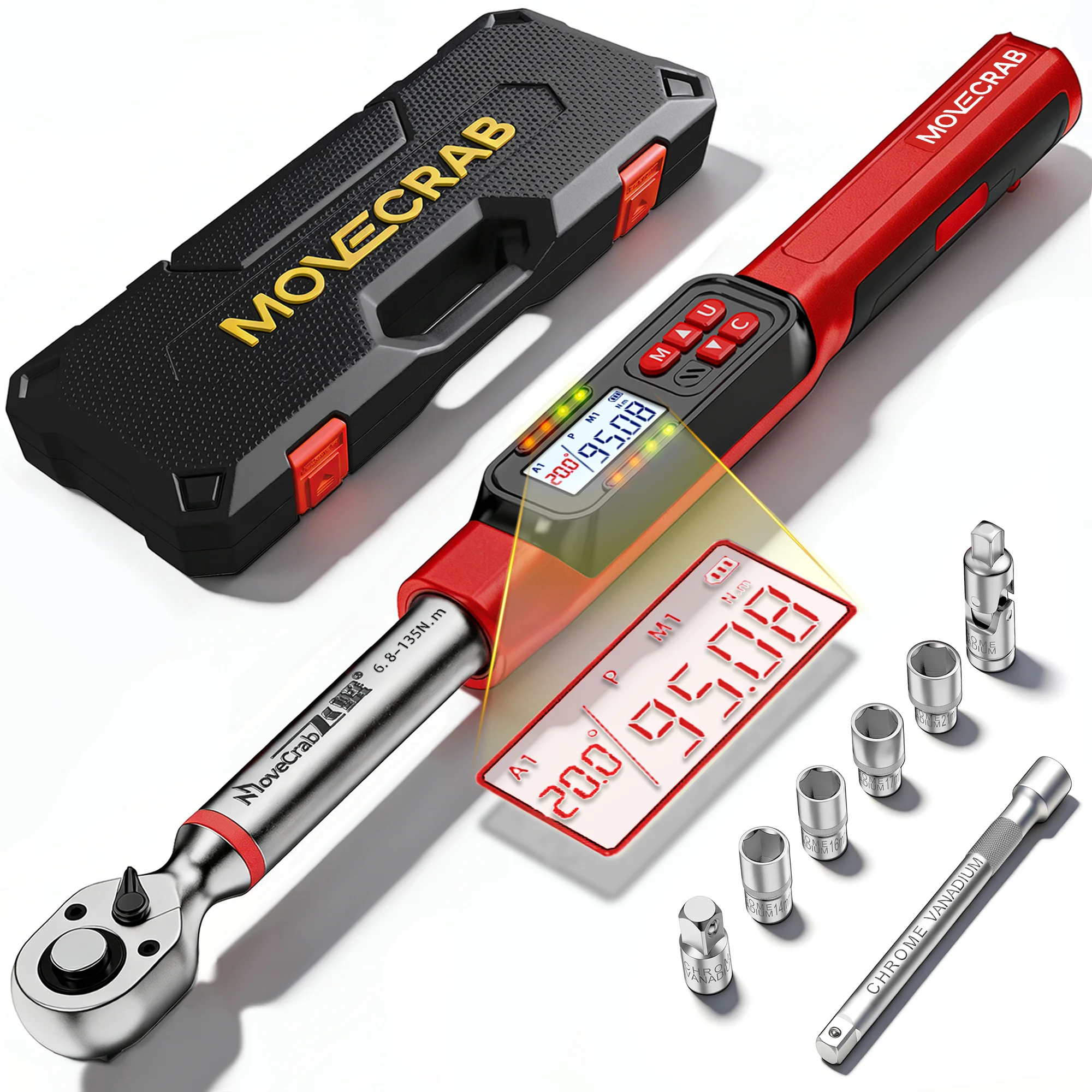 

MoveCrab 3/8" Drive Digital Angle Torque Wrench Set 8PCS 3-135 N.m Angle Measurement 0.1°for DIY Auto Motorcycle Repair