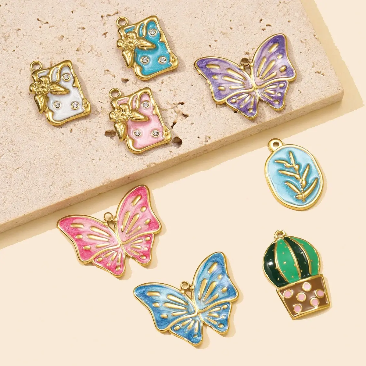 3Pcs/Lot Stainless Steel Colorful Butterfly Pendants Enamel Leaf Charms For DIY Fashion Jewelry Making Earring Wholesale