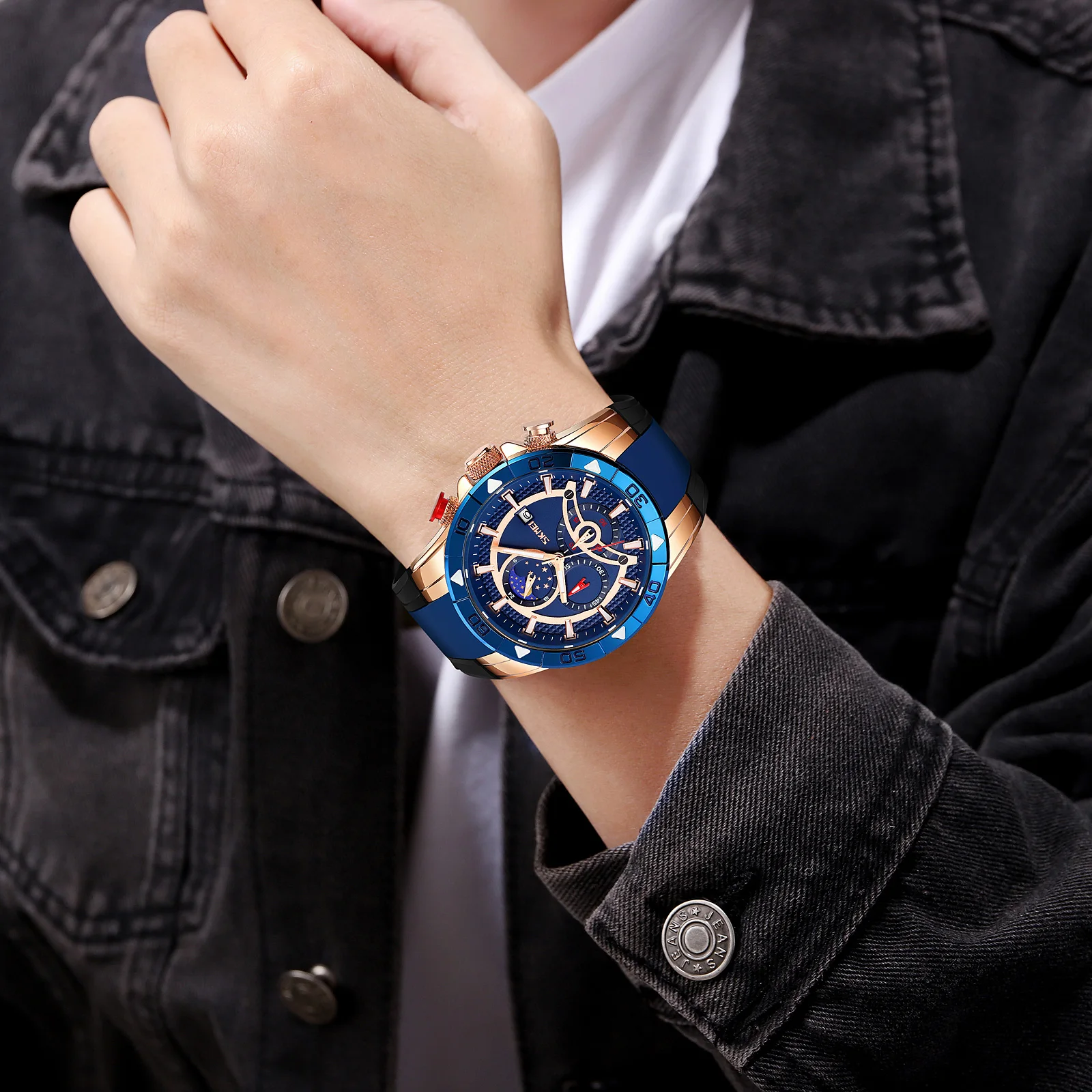 SKMEI Luxo Original Classic Sports Watch Bezel Quatro-Display Dial Cronômetro Cronógrafo Impermeável Men's Quartz Watch 9270