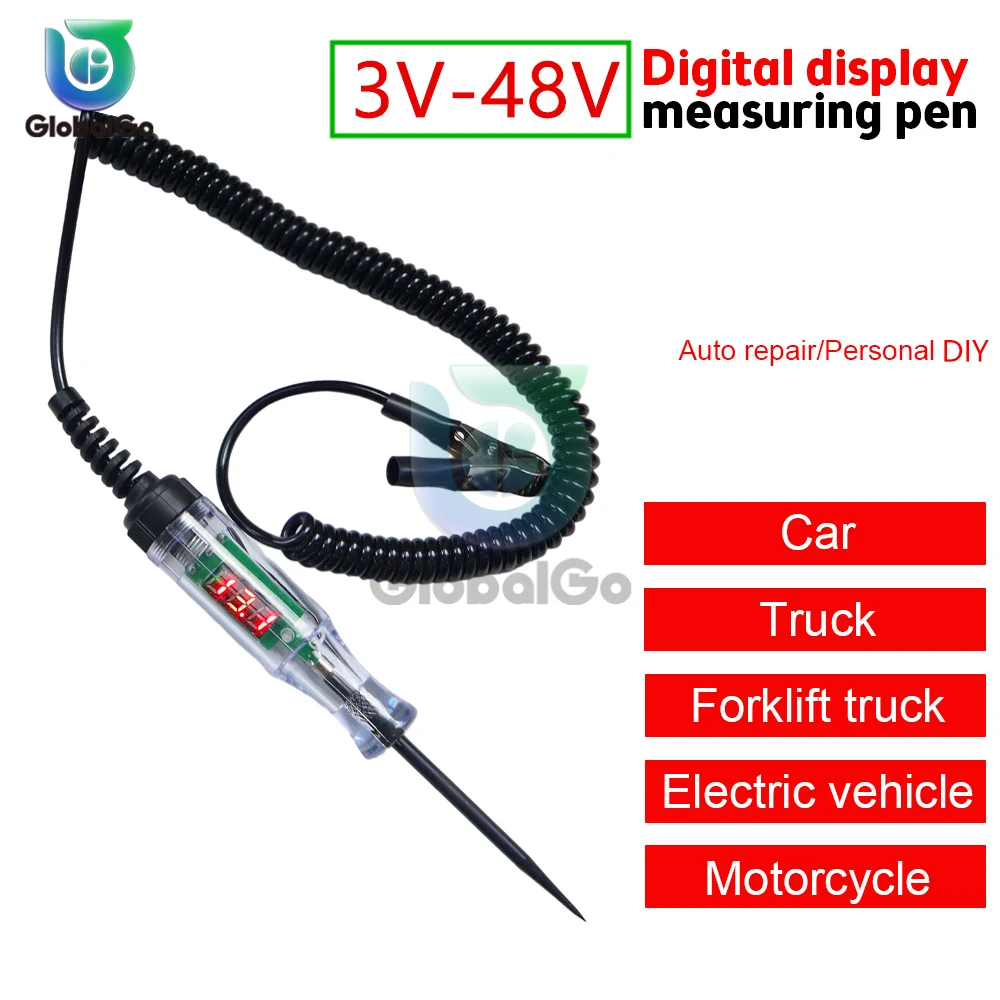 3V-48V Car Truck Voltage Circuit Tester Digital Display Long Probe Pen Light Bulb Automobile Diagnostic Tools Auto Repair