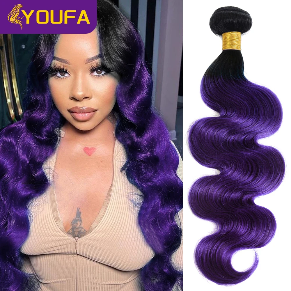 Ombre Purple Human Hair Weave Bundles For Black Women 1B Purple Pre Colored Brazilian Body Wave Human Hair Weft Extensions