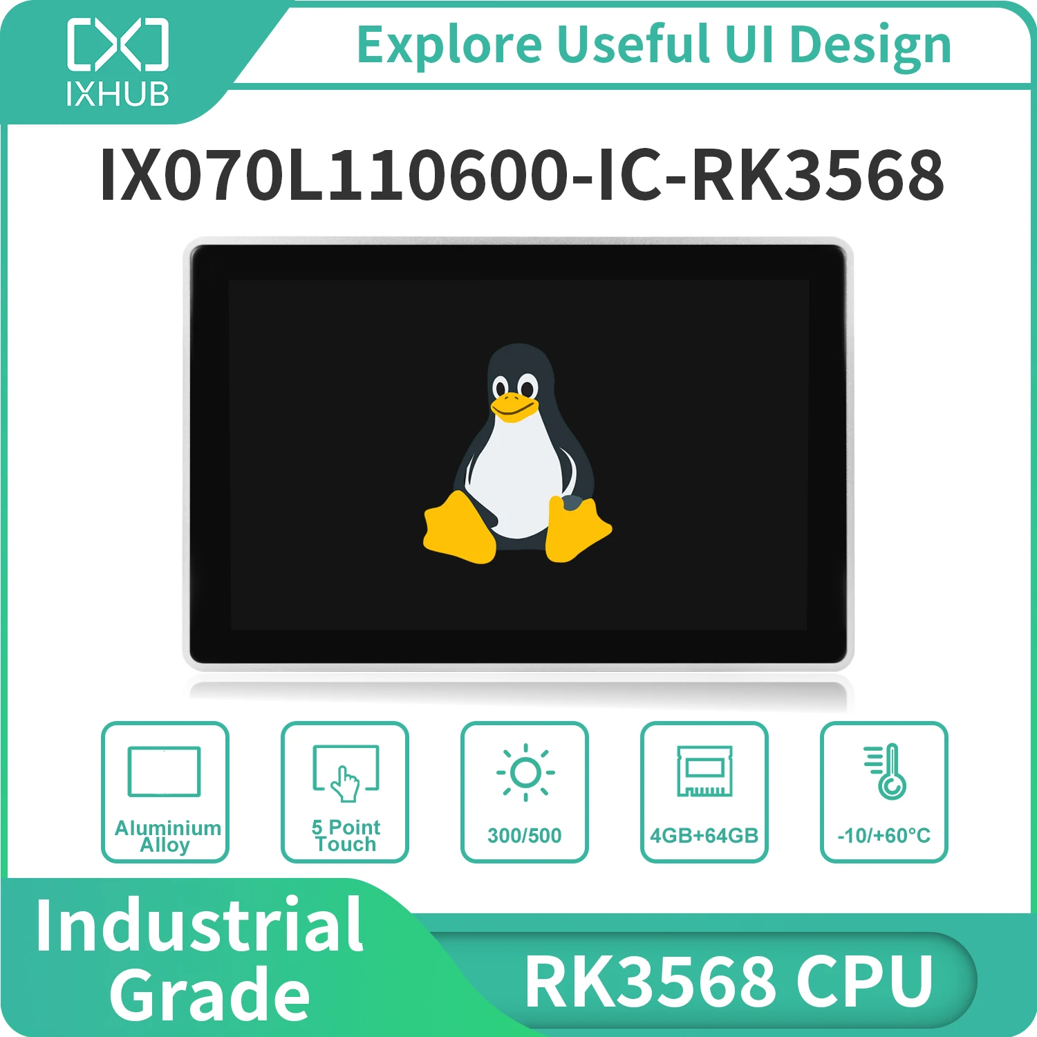 IXHUB 7 inch Smart HMI Aluminum Alloy Mullion With Shell RK3568 Rockchip Processor 1024*600 Resolution IPS Touch Screen Linux