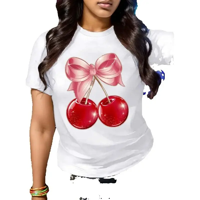 Cherry Print Round-neck Short-sleeved T-shirt Harajuku Aesthetic Graphic Top Best-selling Casual Comfortable Summer Fashion Tee