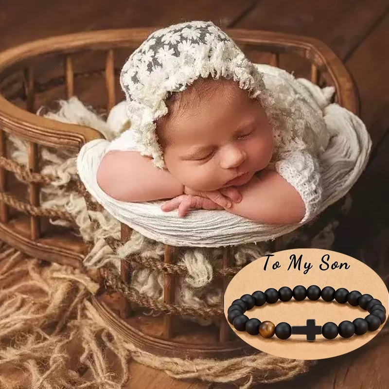 

Детский эластичный браслет с крестом из натурального камня и бисера, подарок на рождение для детей, реквизит для фотосъемки новорожденных, подарки «Любовь, надежда»