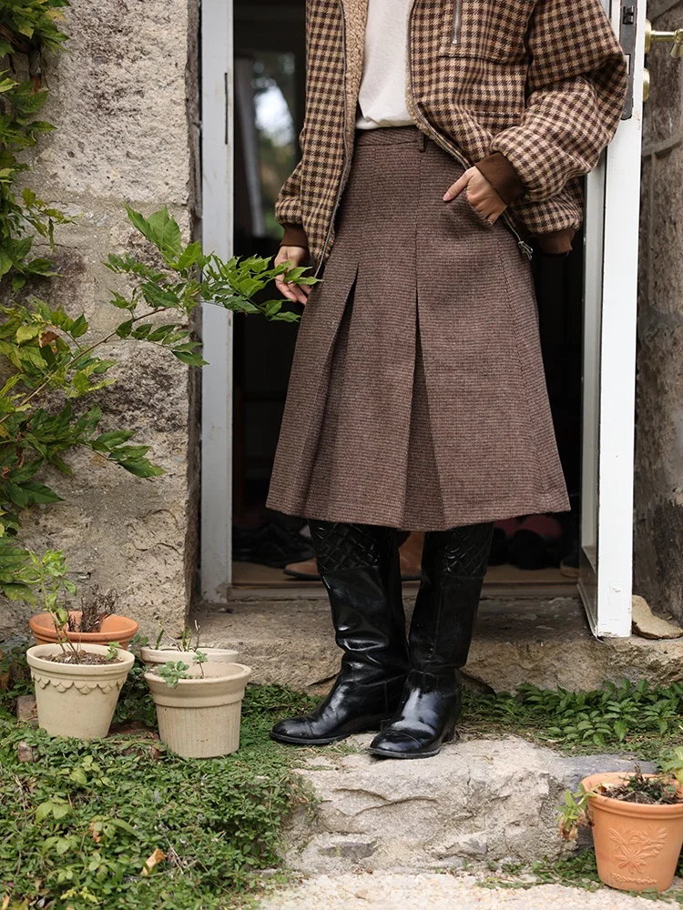 

AcidPoire Новинка осенне-зимней коллекции: Корейская винтажная универсальная шерстяная юбка в клетку для женщин с высокой талией