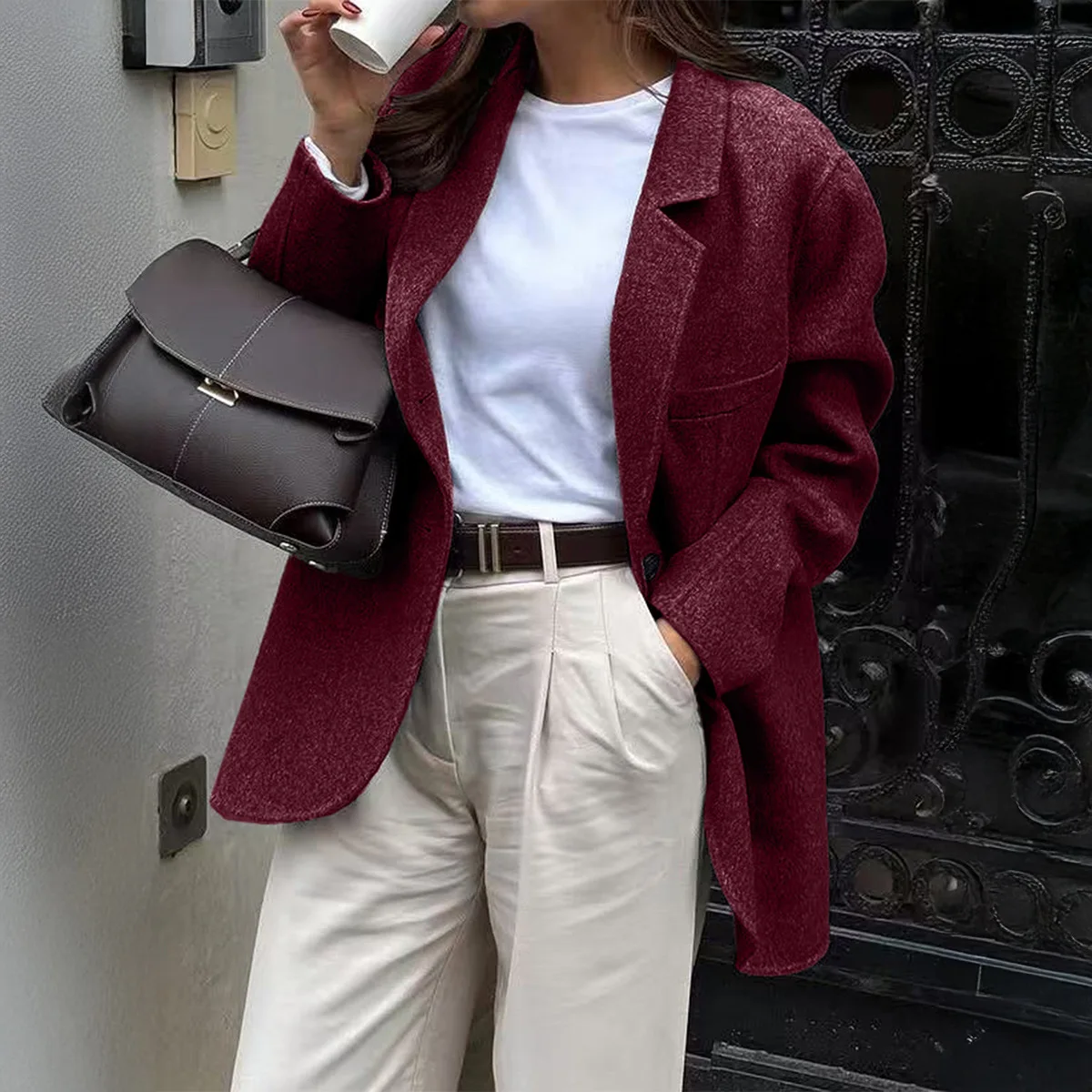 Women Solid Blazer Coat Short Jacket Notch Collar Long Sleeve Slight Strech Loose Office Lady Elegant Casual  Autumn Winter