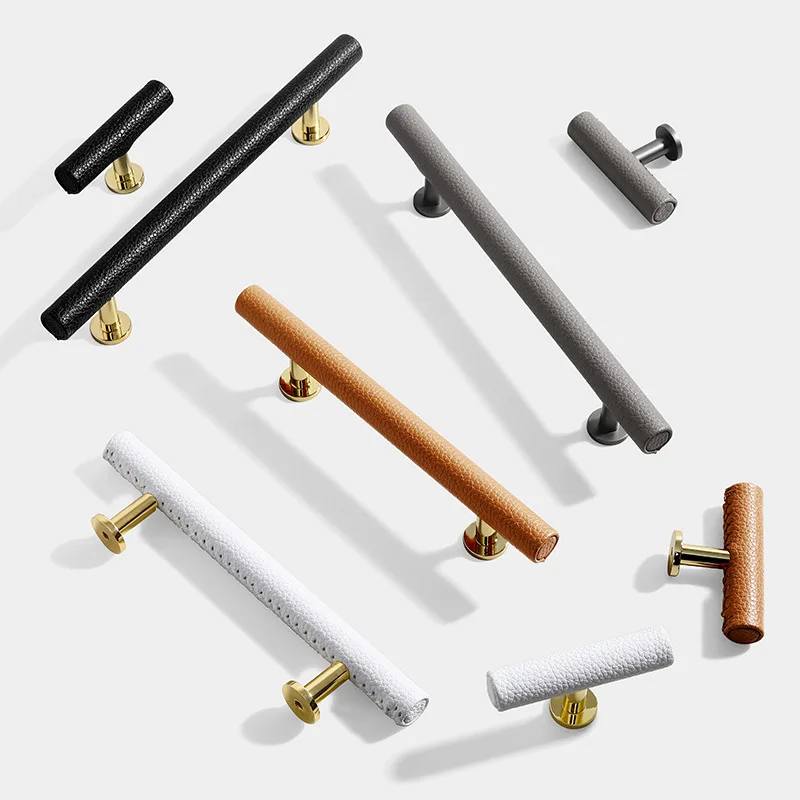 

Fashion Leather Cabinet Handle Solid Single Hole Zinc Alloy Golden Drawer Pull for Wardrobe Shoe Cabinet