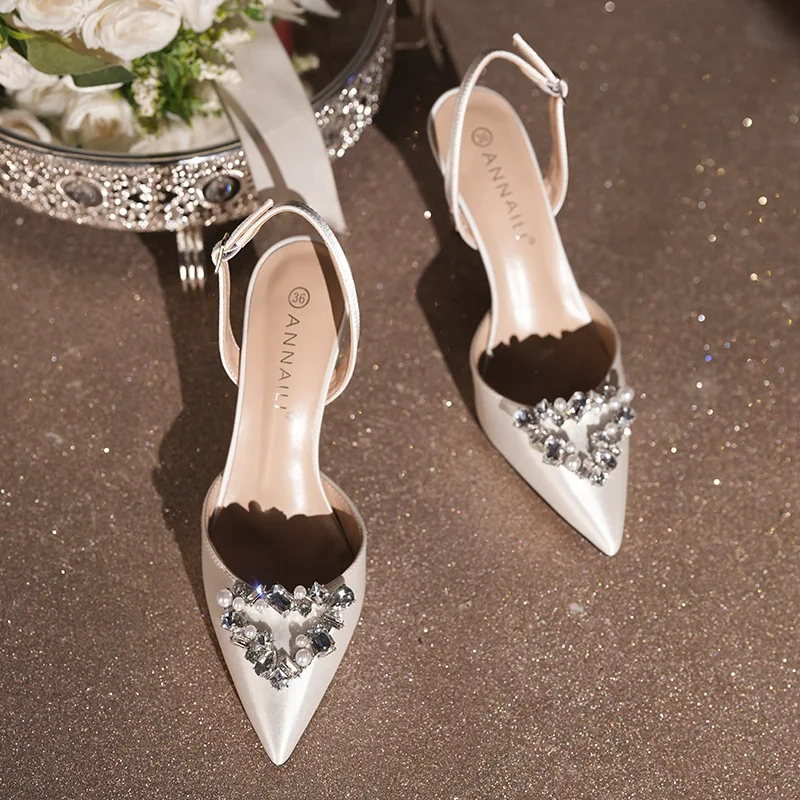 

Spring and summer new crystal button back empty women's shoes satin white high heels plus size banquet party wedding shoes