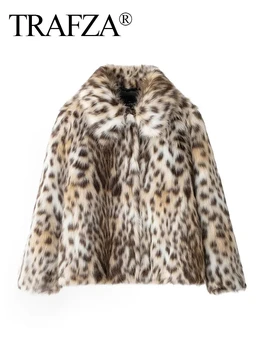 Image TRAFZA Winter Woman Leopard Print Lapel Faux Fur Loose Coat Pockets Fashion Long Sleeves Fuzzy Jacket Female Warm Outerwear