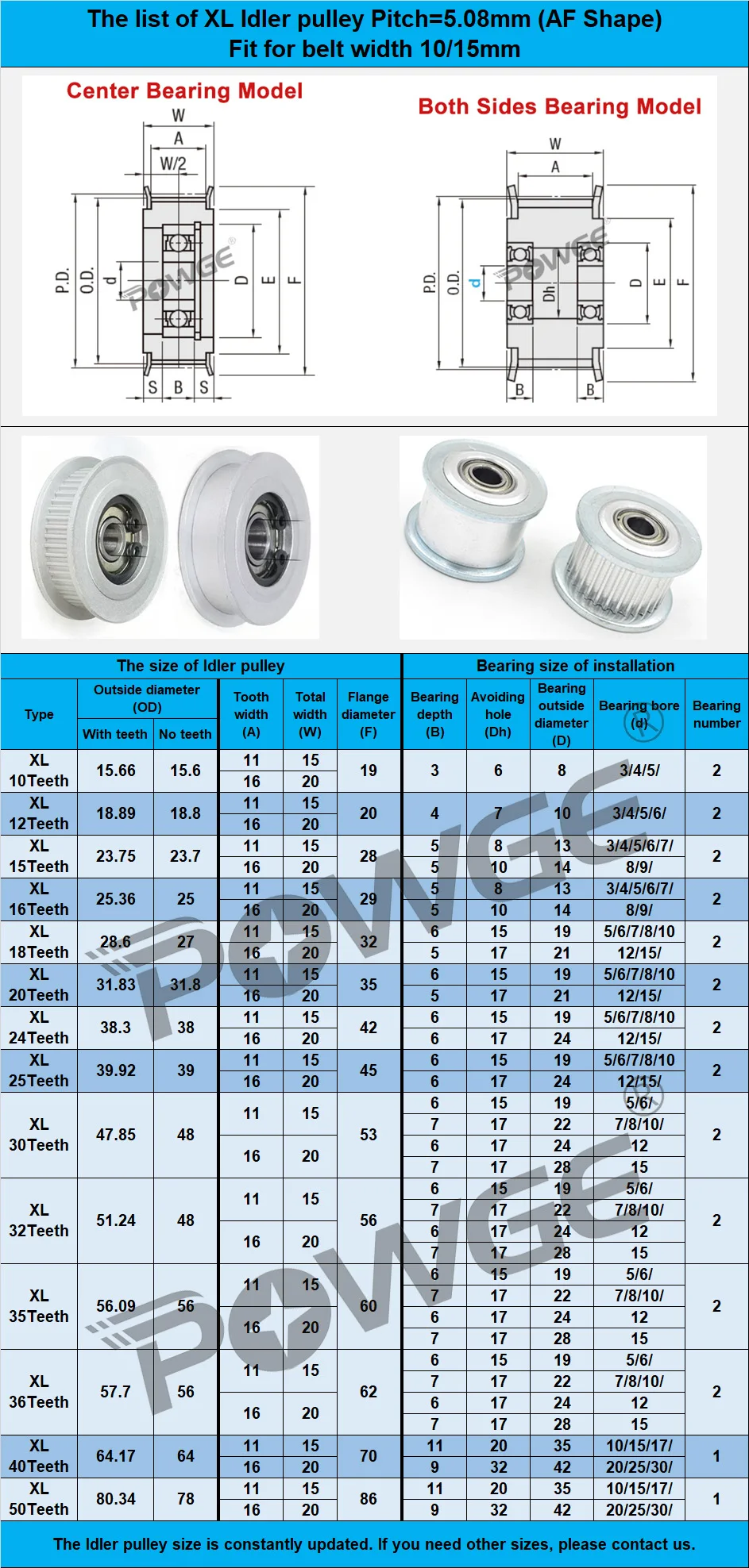 POWGE 10 12 15 16 18 20 24 Teeth XL Idler Timing Pulley Bearing Bore 3-15mm for Belt Width 10/15mm 10T 12T 15T 16T 18T 20T 24T