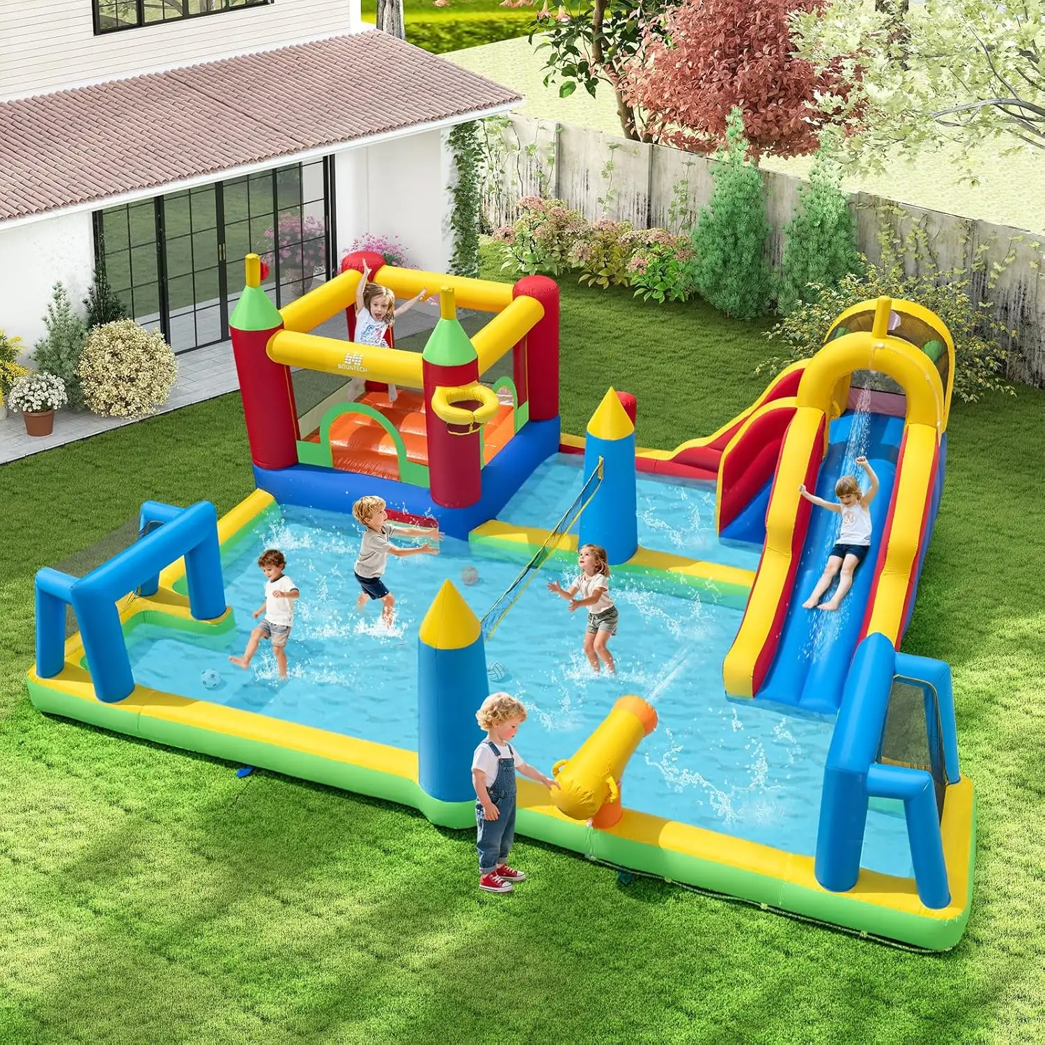 9-in-1 Inflatable Water Slide Park, Bounce House with Basketball Hoop, Football Goals, Volleyball, Blow Up Water Slides for Kids Ages 3-12, Indoor Outdoor Backyard Fun view 2