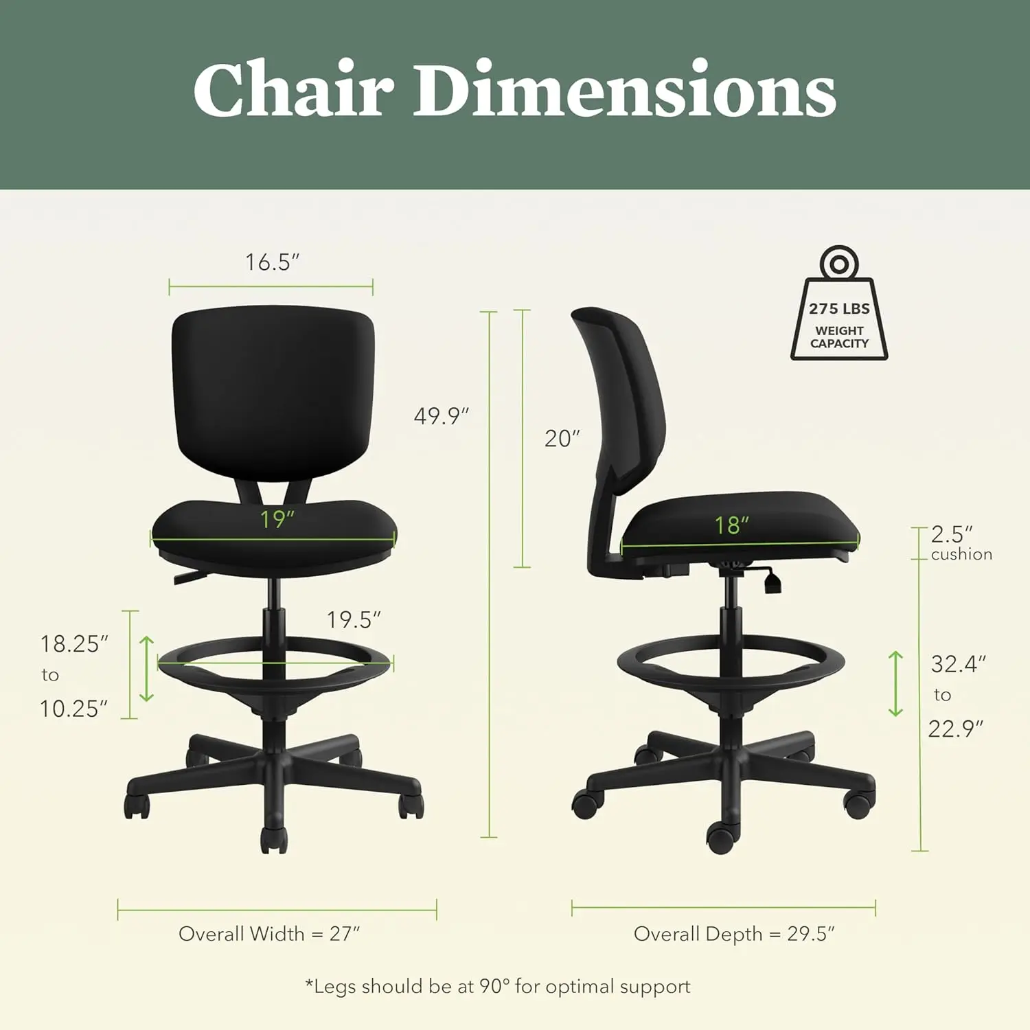 Volt Standing Desk Chair, Fabric Office Chair With Foot Rest, Armless, Ergonomic Recline And Center Tilt, Black