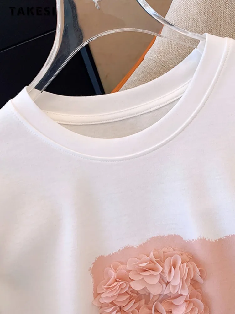 2024 Summer Casual Floral Print Short Sleeve Round Neck Loose T-Shirts Women's Korean Fashion Basics Baggy White Tees Tops