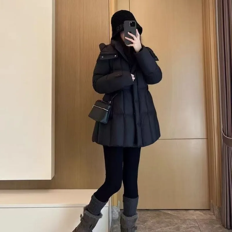 

Новая пуховая куртка на хлопковой подкладке с завязкой на талии, большой размер, утягивающий вид, высококачественная теплая универсальная утолщенная морозостойкая куртка с капюшоном