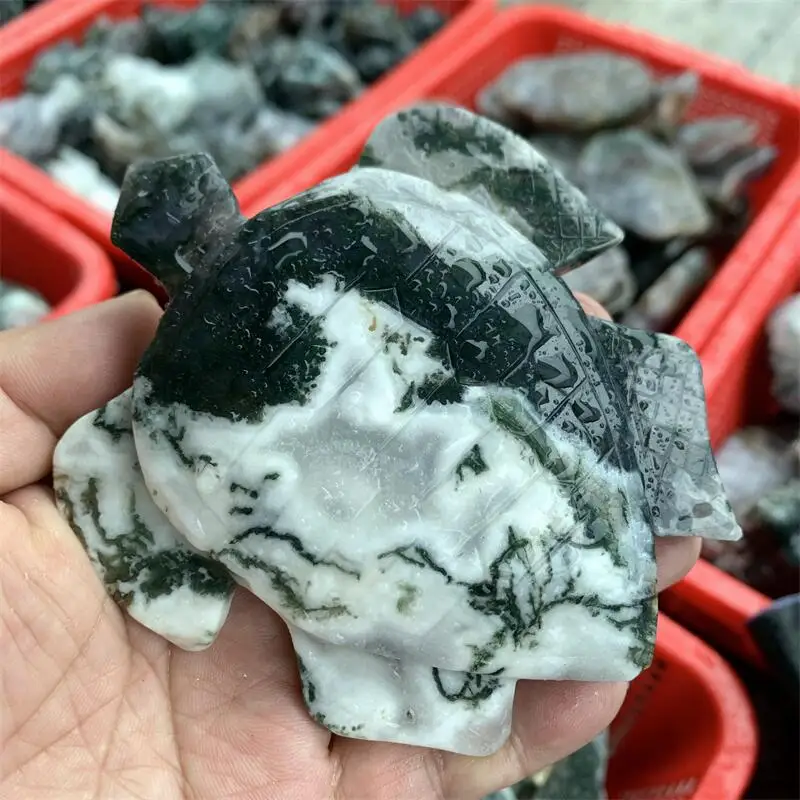 Natural moss Agate Turtle Turtle Carving Quartz Healing Fengshui Crystal Stone Gifts Home Decoration 1PCS