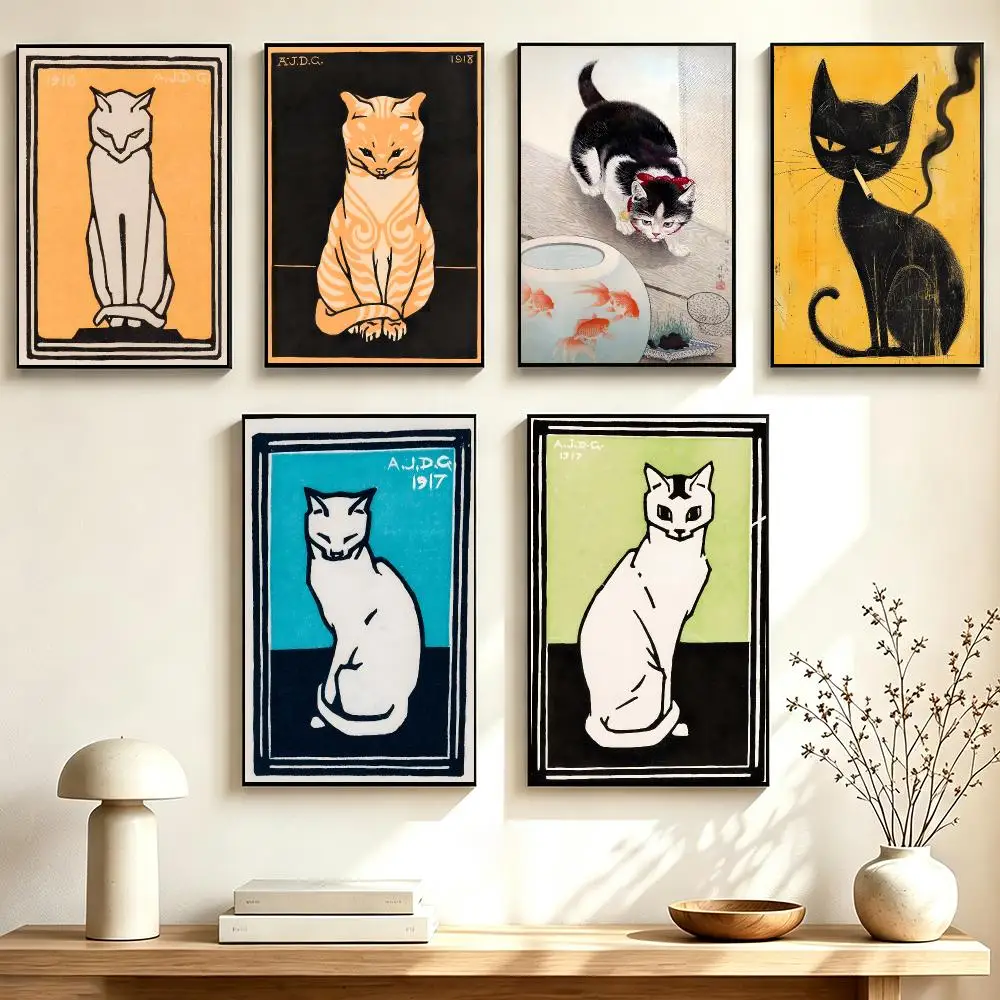 Quaint Playful Art Vintage Japanese Cat Poster Home Wall Decor for Living Room Bedroom Office Aesthetic Room