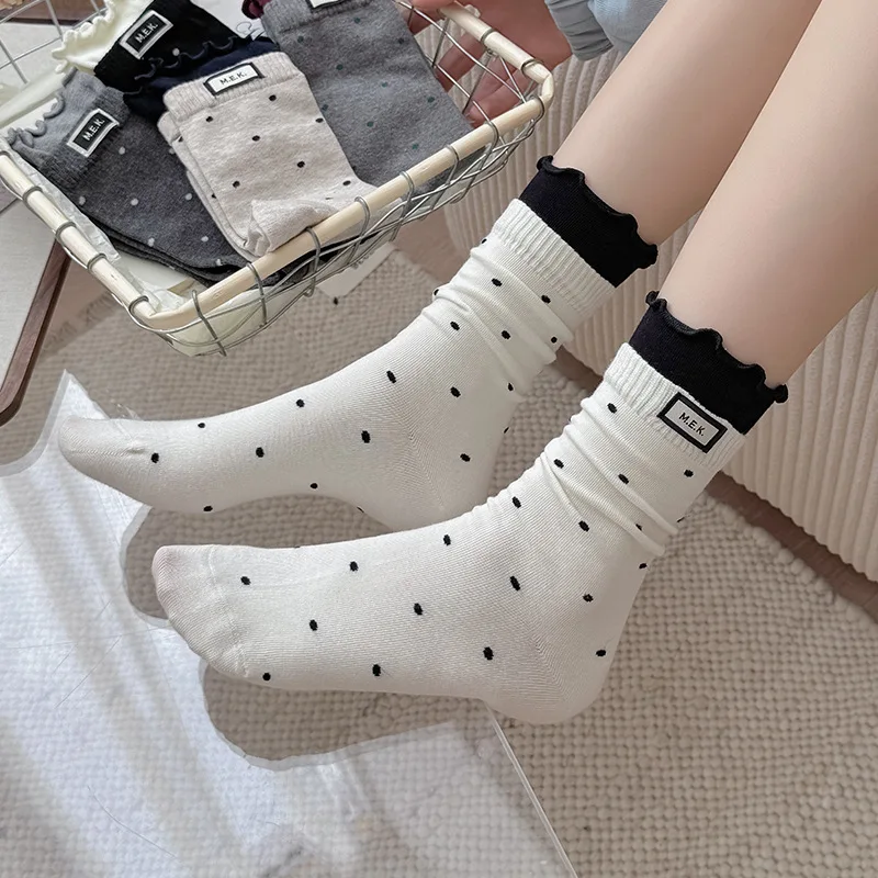 New Socks For Women Dots Cute Frilly Casual Fashion Long Socks Breathable Preppy Style Ladies Novelties Middle tube Socks Cotton