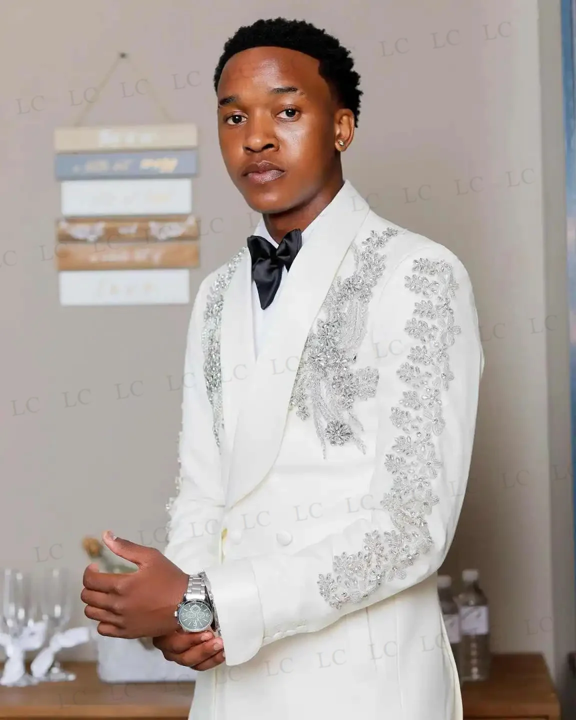 2 Potong Jas Blazer Celana Pria Setelan Jas Kerah Transparan Aplikasi Manik-Manik Desain Tuxedo Slim Pernikahan Pengantin Prom Ukuran Besar Jahitan Khusus