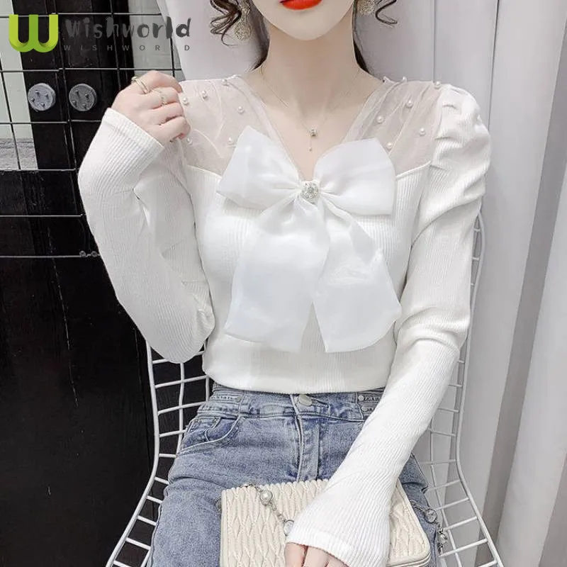 Within the New 2022 Female Net Yarn Splicing Render Unlined Upper Garment Design Feeling Little Daughters Long-sleeved Shirt