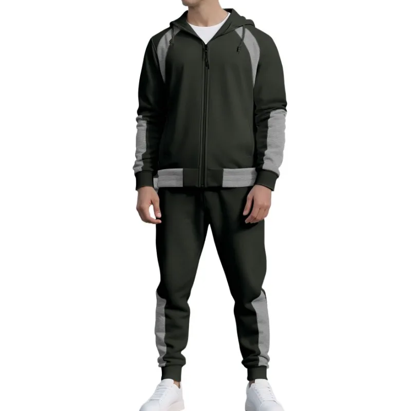 

Autumn and Winter Casual Sports Men's Zipper Cardigan Sweater Suit Spliced contrasting Color Hooded Loose Two-piece Set