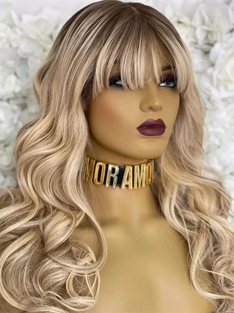 High Density Dark Roots Ombre Light Blonde With Bnags Transparent Lace Front Human Hair Wigs 100% Virgin Human Hair 200 Density