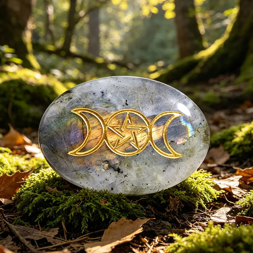 2pcs Flash Oval Rune Labradorite Moon Palm Natural Stone Crystal for Energy Quartz Home Gemstone Ornament Witchcraft Spiritual