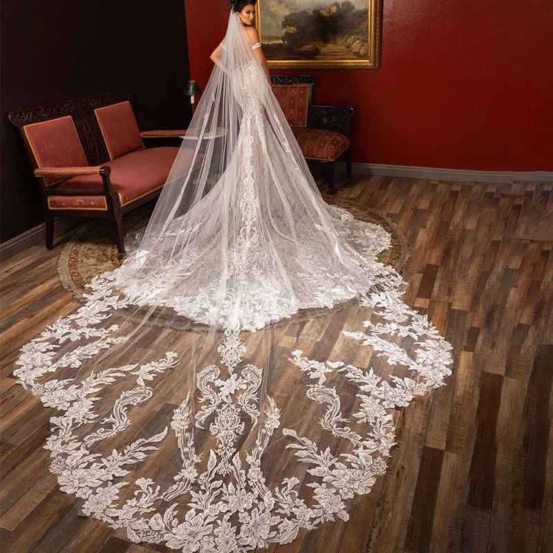 

Royal Length Wedding Veils Custom Made White Ivory Champagne Colors Cathedral Long Wraps Appliques Lace Bridal Accessories