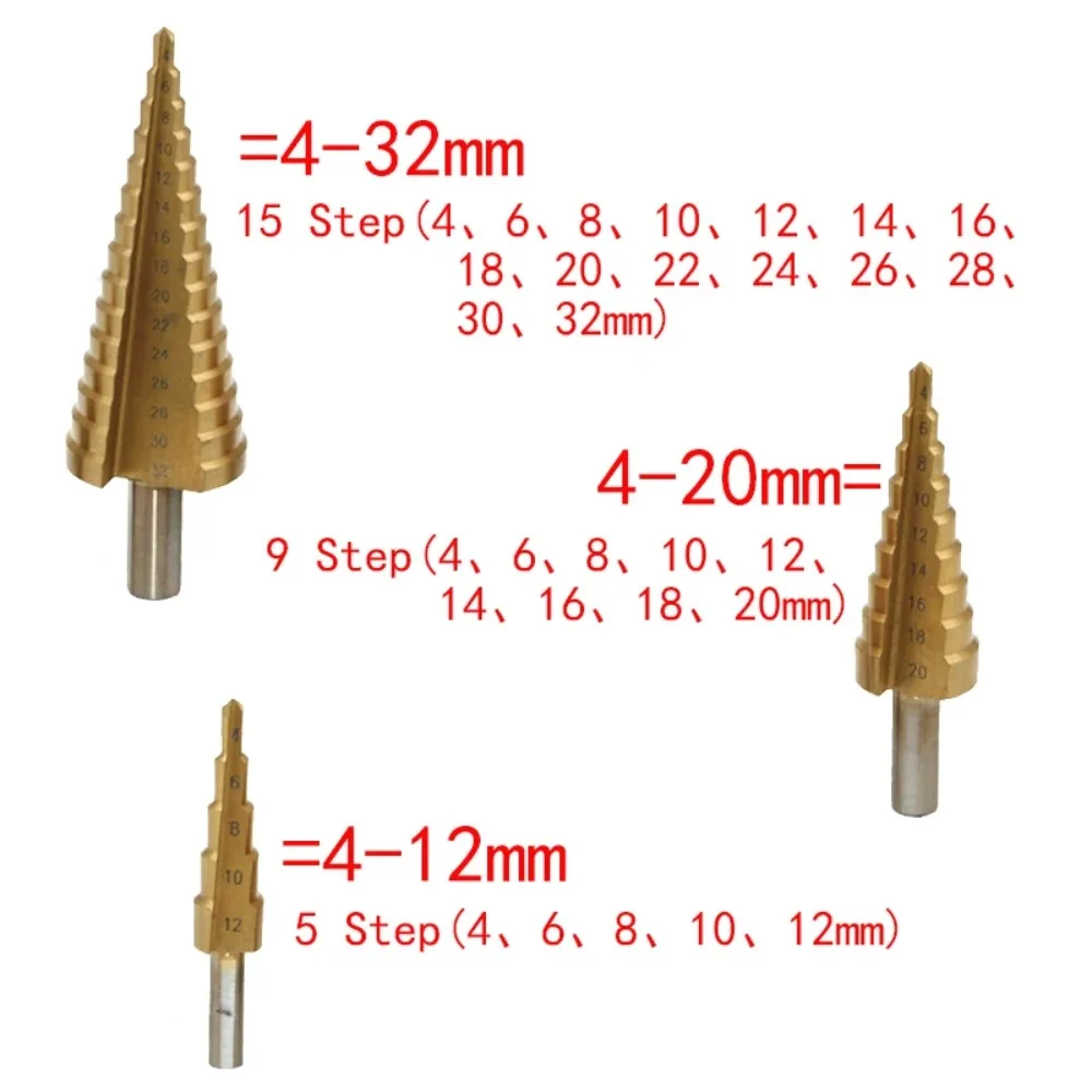 4-12-20-32-39-40-42-45-52mm HSS 4241 Steel Large Step Cone Titanium Coated Metal Drill Bit Cut Tool Set Hole Cutter Drill Kits