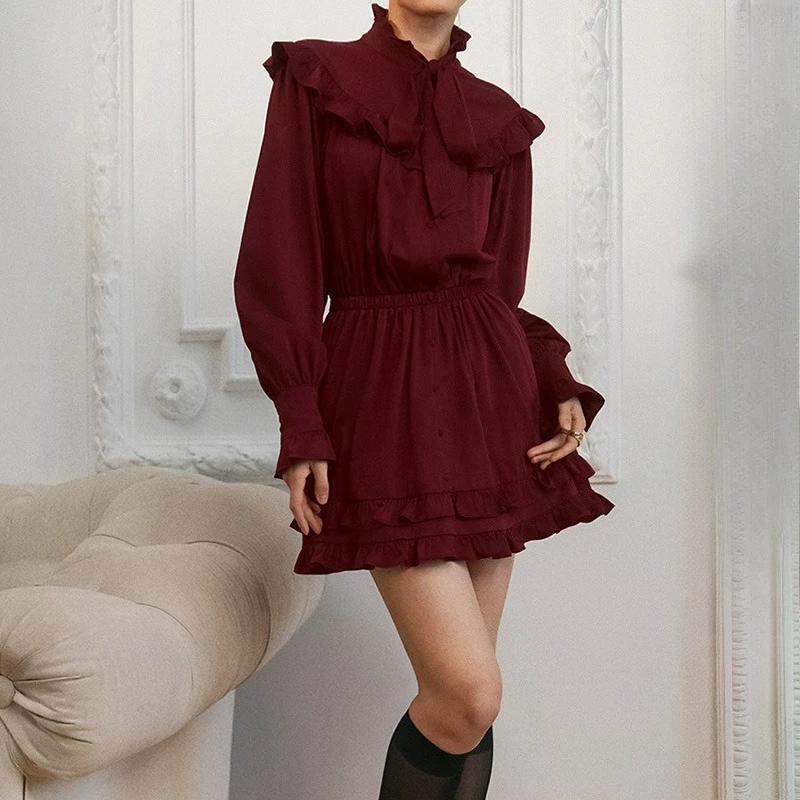 Ticketsx Vintage Lace Up Ruched Dress Elegant Solid Women Button Patchwork Mini Dress Fashion Commute Streetwear Lady Vestidos