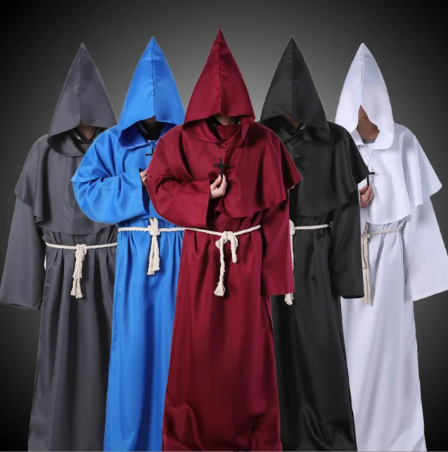 Disfraz de monje Medieval con capucha, capa Multicolor, cuerda para la cintura, conjunto de adorno cruzado, disfraz de Halloween, sacerdote, mago