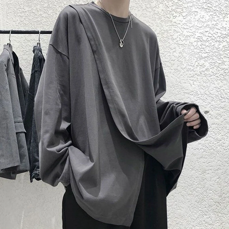 Side Slit Men O Neck Long Sleeve Sweatshirts 2022 Autumn Spring Loose Fashion T Shirt All-match Casual Harajuku Oversize Clothes