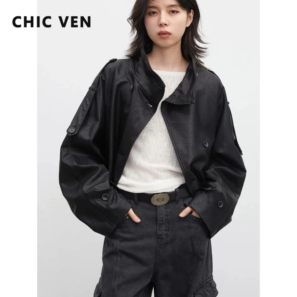 CHIC VEN Fashion Women PU Jackets Retro Stand Up Collar Double-breasted Casual Coats Female Leather Jacket Spring Autumn 2026