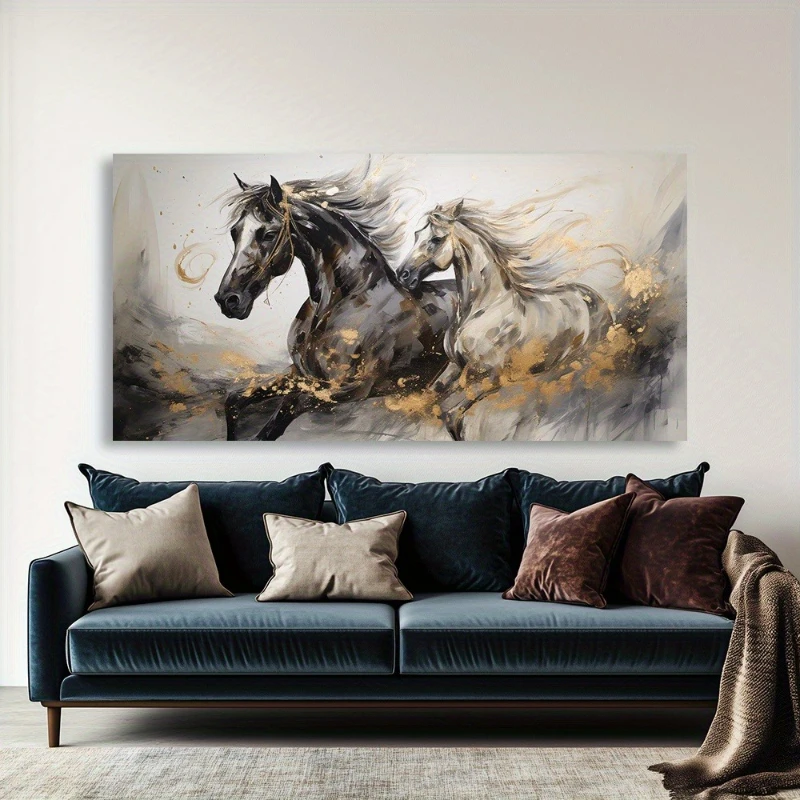 Large-sized frameless canvas paintings,Modern Black and White Galloping Horse Poster and Prints animal art canvas Painting Wall