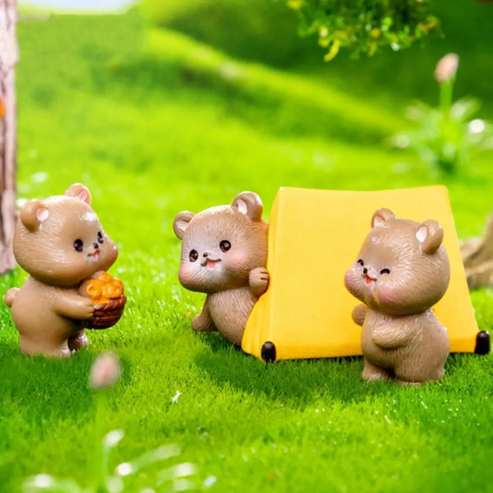 Creative Resin Camping Tiny Brown Bear Statue Crafts Miniature Cartoon Bear Figurines Mini Animals Scene Model Home Decoration