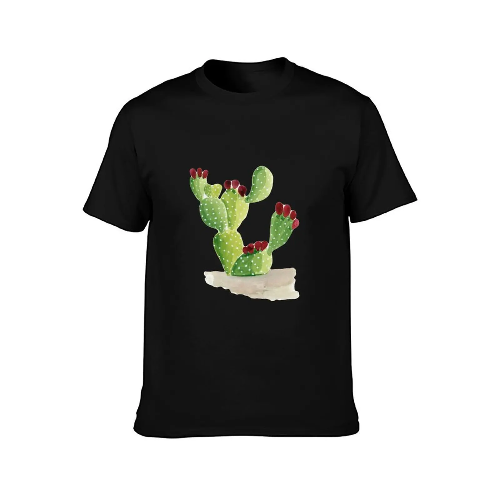 Prickly Pear Cactus Watercolor Illustration T-Shirt Basic Solid Color Short Sleeve Cotton Top