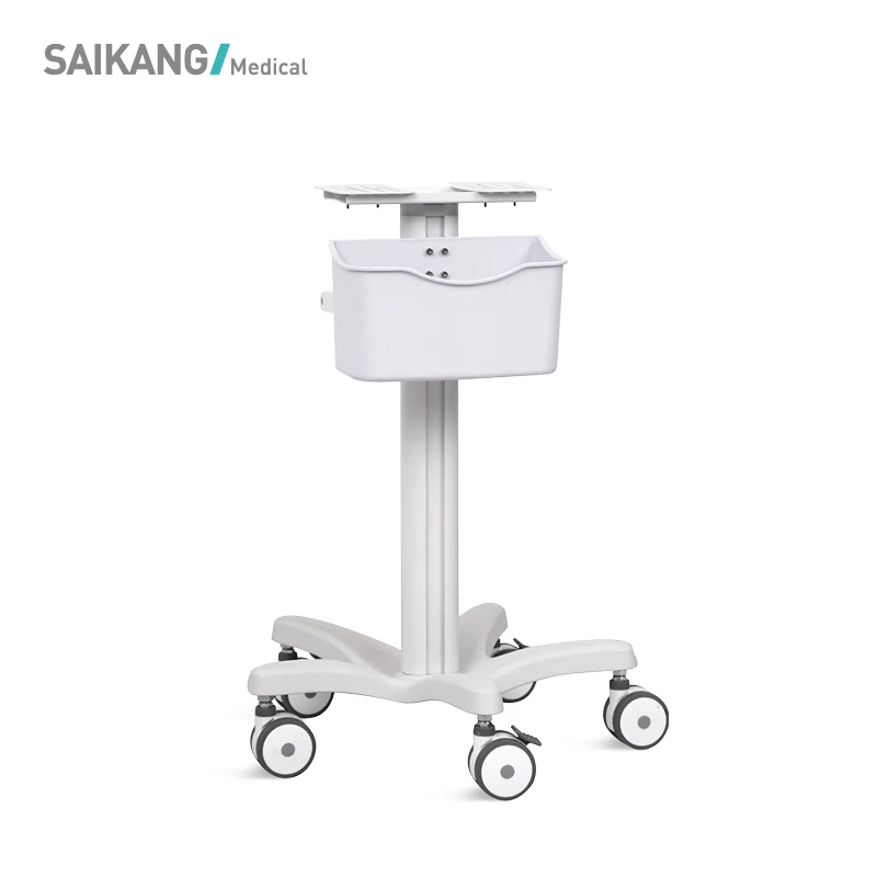SKR-R06 SAIKANG Mobile Aluminum Hospital Monitor Trolley Height Adjustable Medical Record Computer Cart with Basket