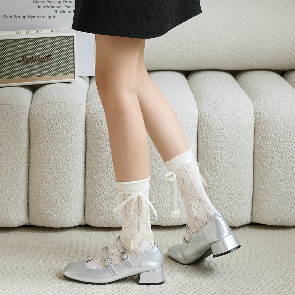 Woman Cute Mid-calf Socks Love Heart Pattern Ankle Stockings Breathable Thin Lolita Style Socks Female Kawaii Short Stockings
