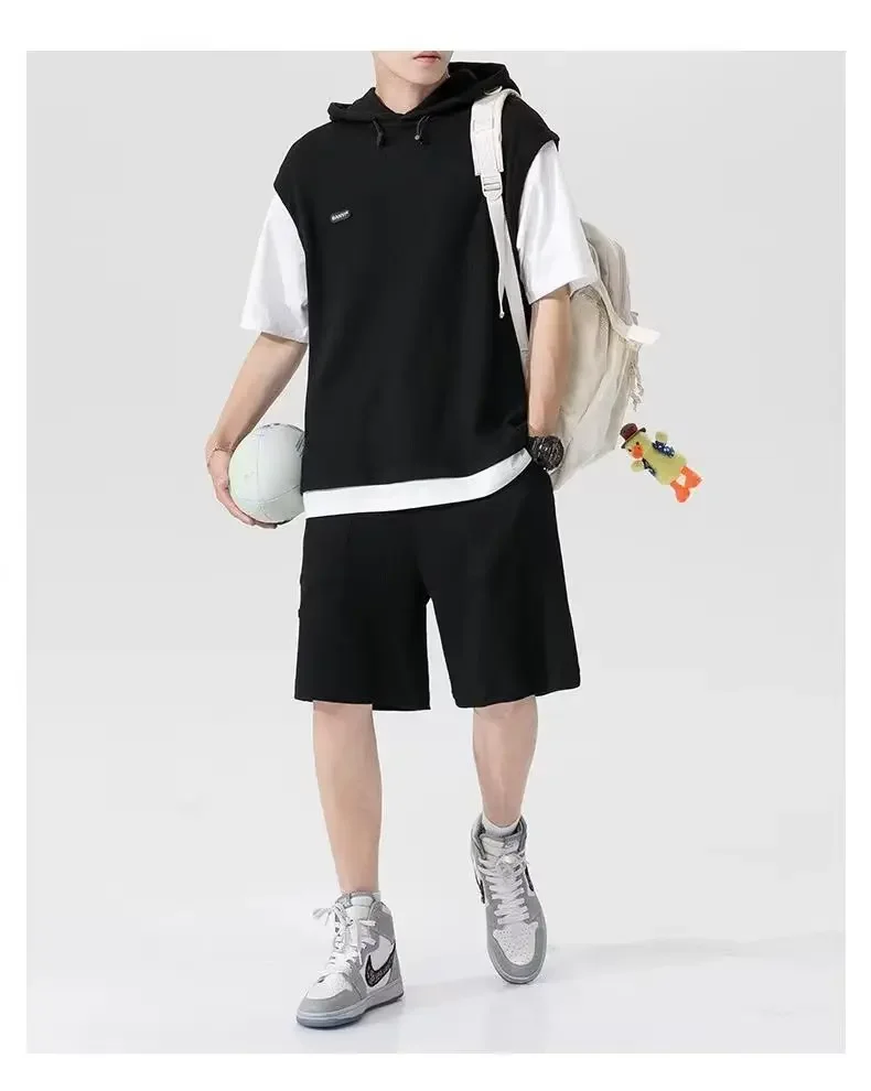 Men's Fake Two-Piece Sports Set: Quick-Dry Hooded T-Shirt with Shorts, Two-Piece Design, Stylish Casual Sporty Summer Apparel