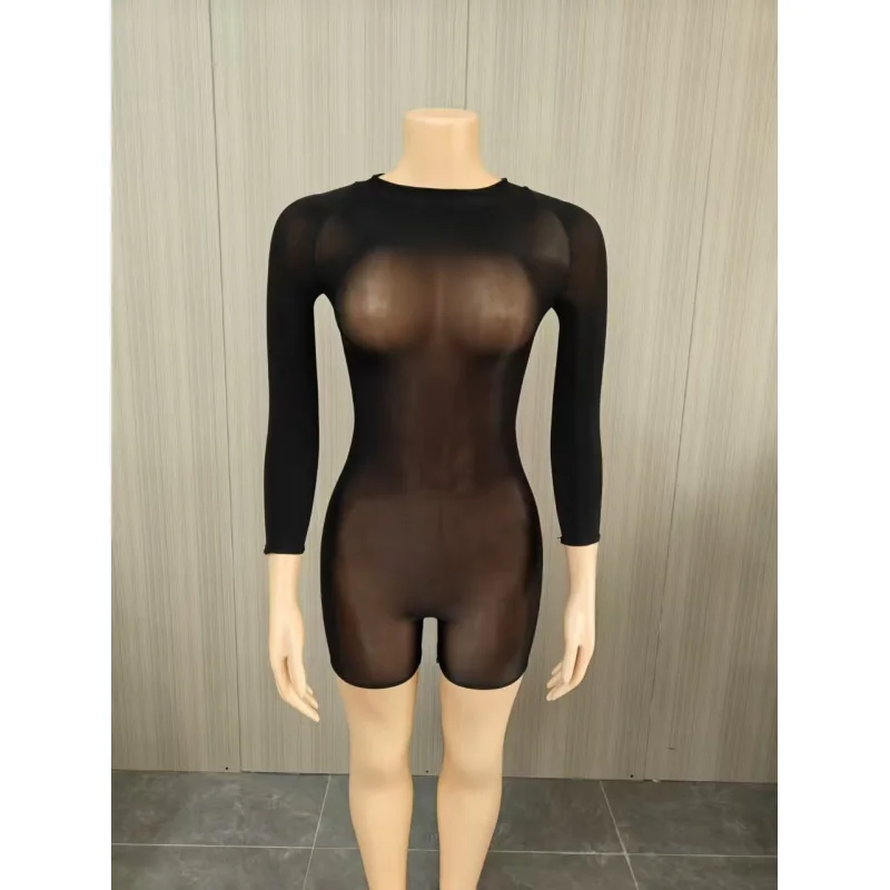 

Guaiyun European and American women's clothing super elastic shiny body stockings nightclub see-through one-piece shorts