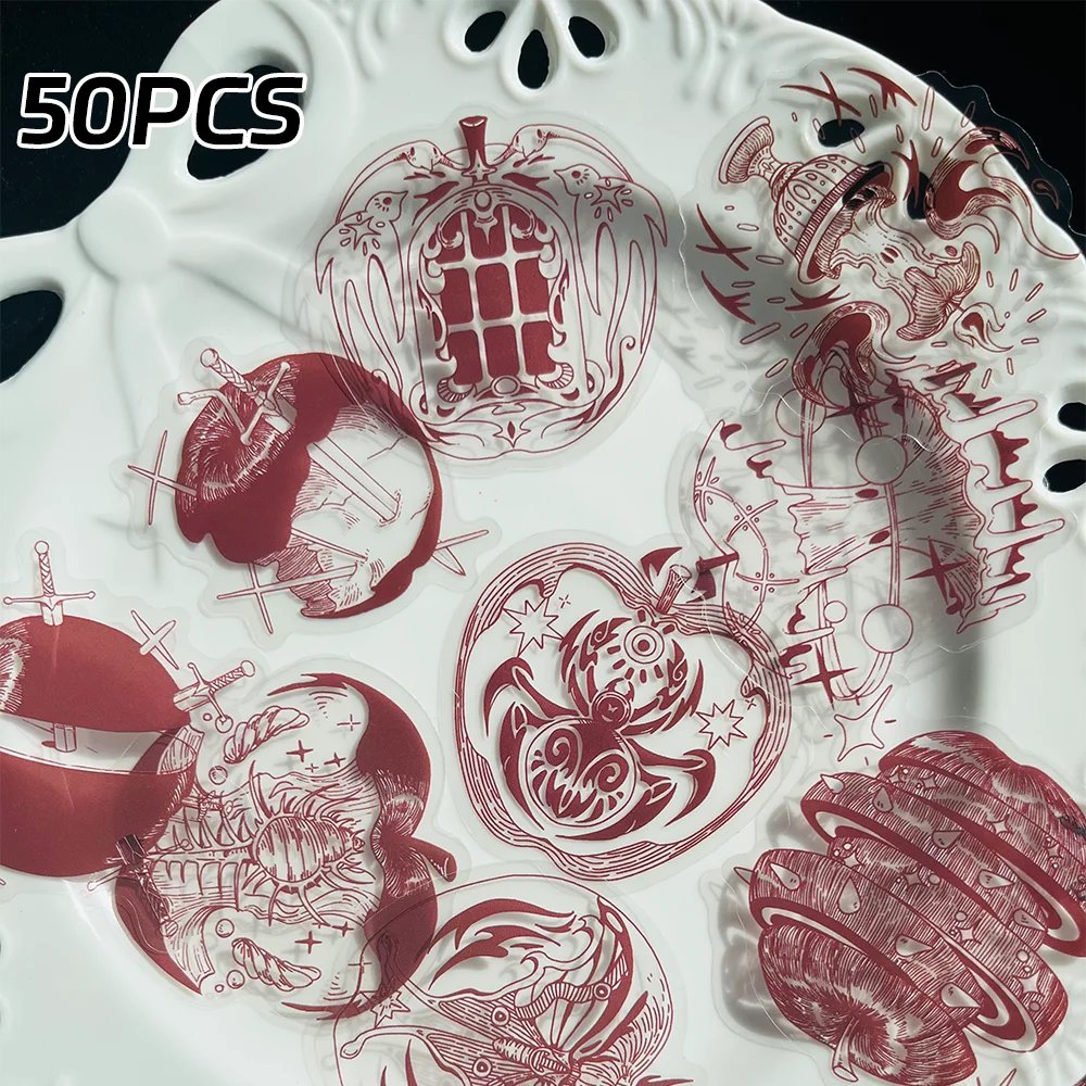 50pcs Red Apple Gothic Style PET Stickers Luggage, Laptop, Scrapbook, Diary Decorations Water Cup, Storage Box DIY Decals