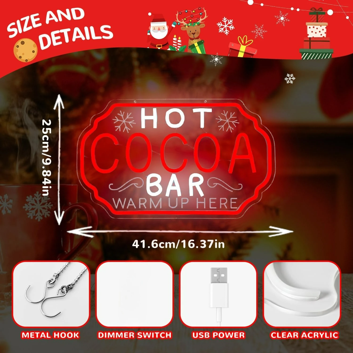 Hot Cocoa Bar Neon Sign Dimmable Christmas Coffee Led Sign Hot Chocolate Bar Light Up Sign for Kitchen Cafe Stations
