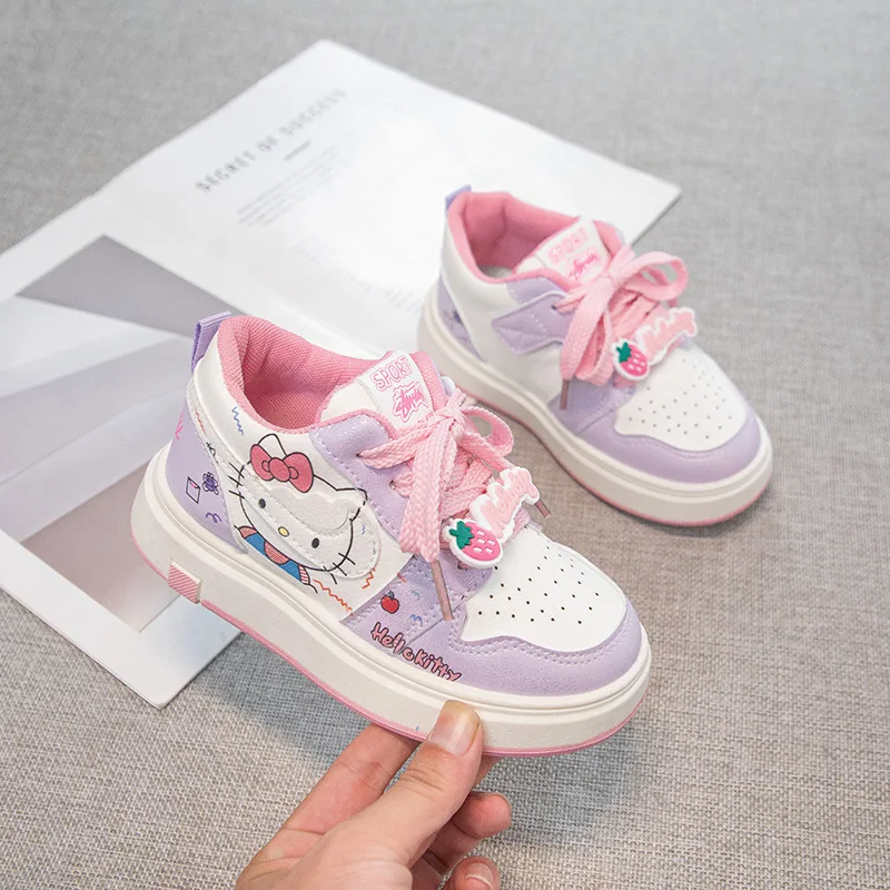 

Детская повседневная обувь, кроссовки из искусственной кожи с принтом «Hello Kitty», весенняя обувь для девочек, Нескользящая дышащая розовая обувь, размер 26.