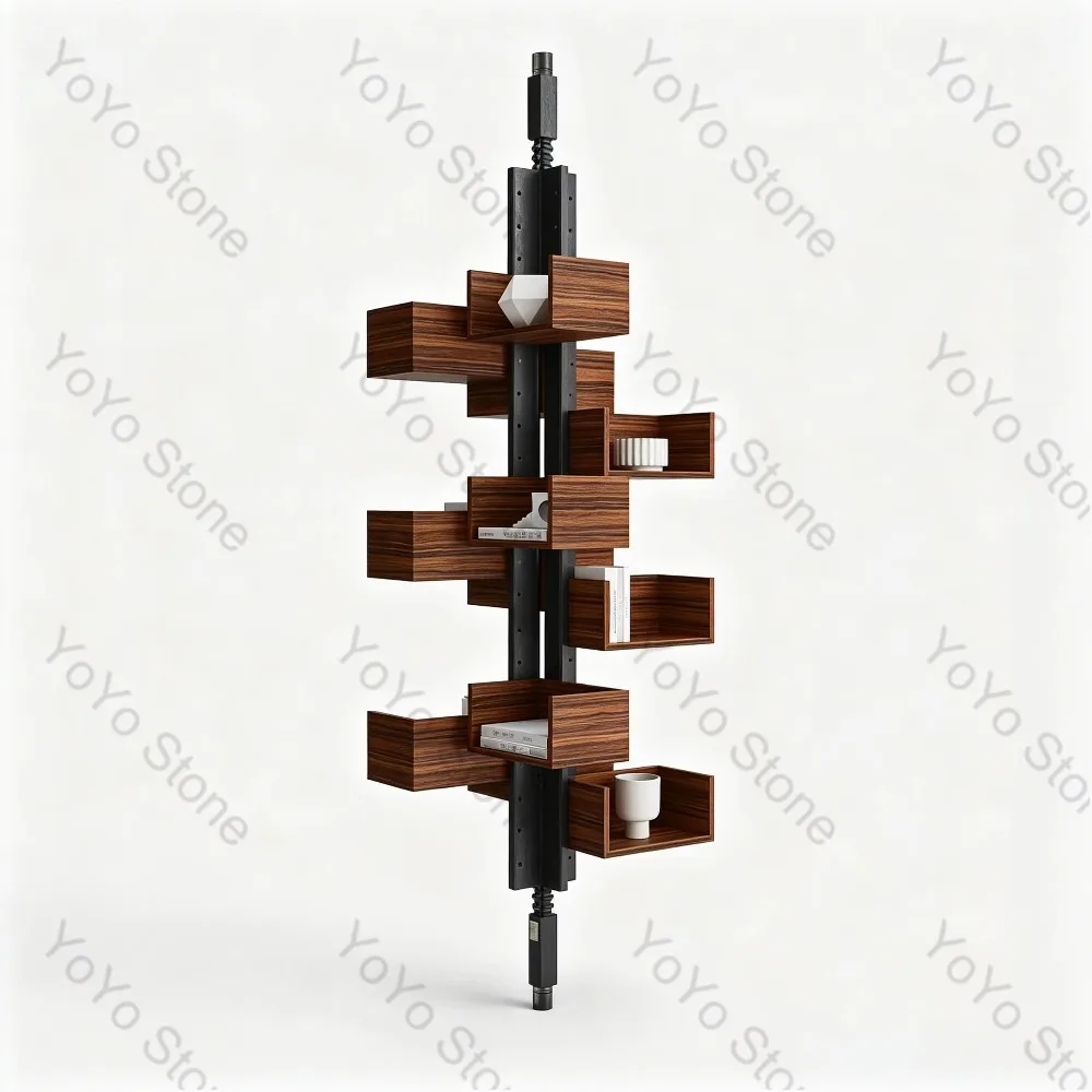 Freestanding Sculptural Rotatable Walnut Wood Bookcase With Asymmetrical Cube Compartments High-End Home and Hotel Display Unit