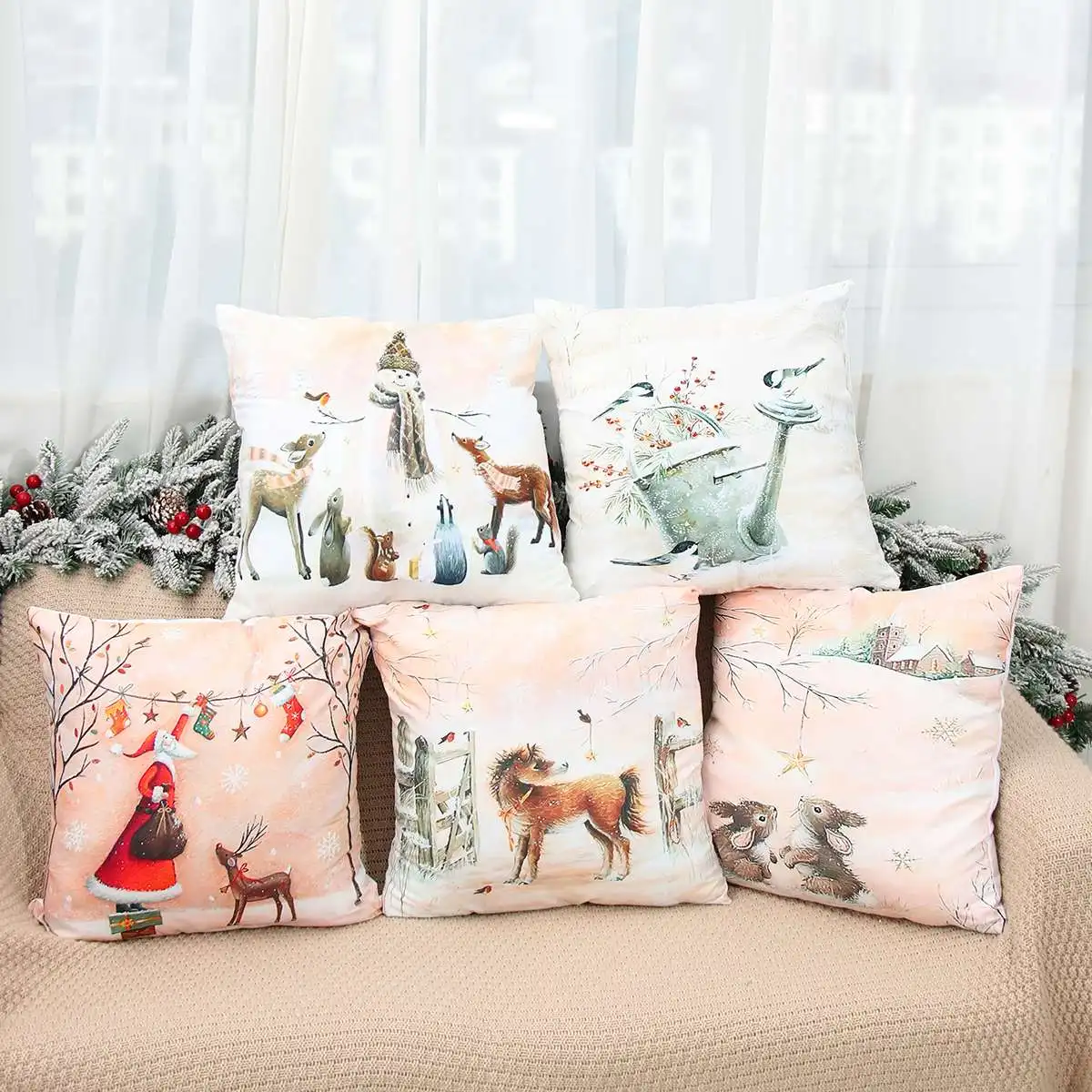 Christmas Cushion Cover Peach Skin Pillowcase Elk Throw Pillow 2023 Xmas Gifts Sofa Decorative Cushions Christmas Pillow Covers