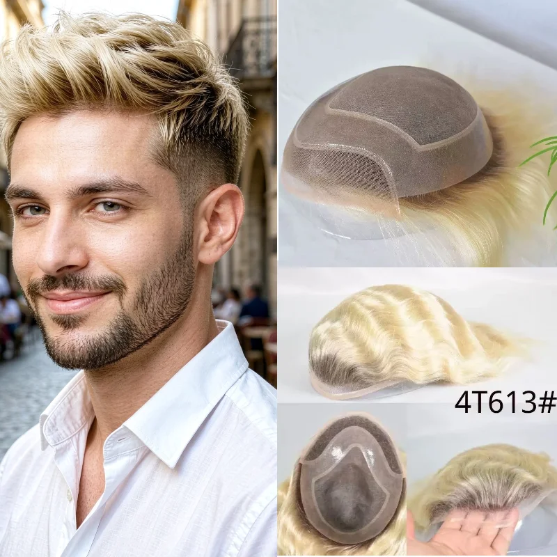 Human Hair Mens Hair Topper Hair Piece Lace+Pu Hollywood 8x10 6inch Color T4-613 #7 Wholesale
