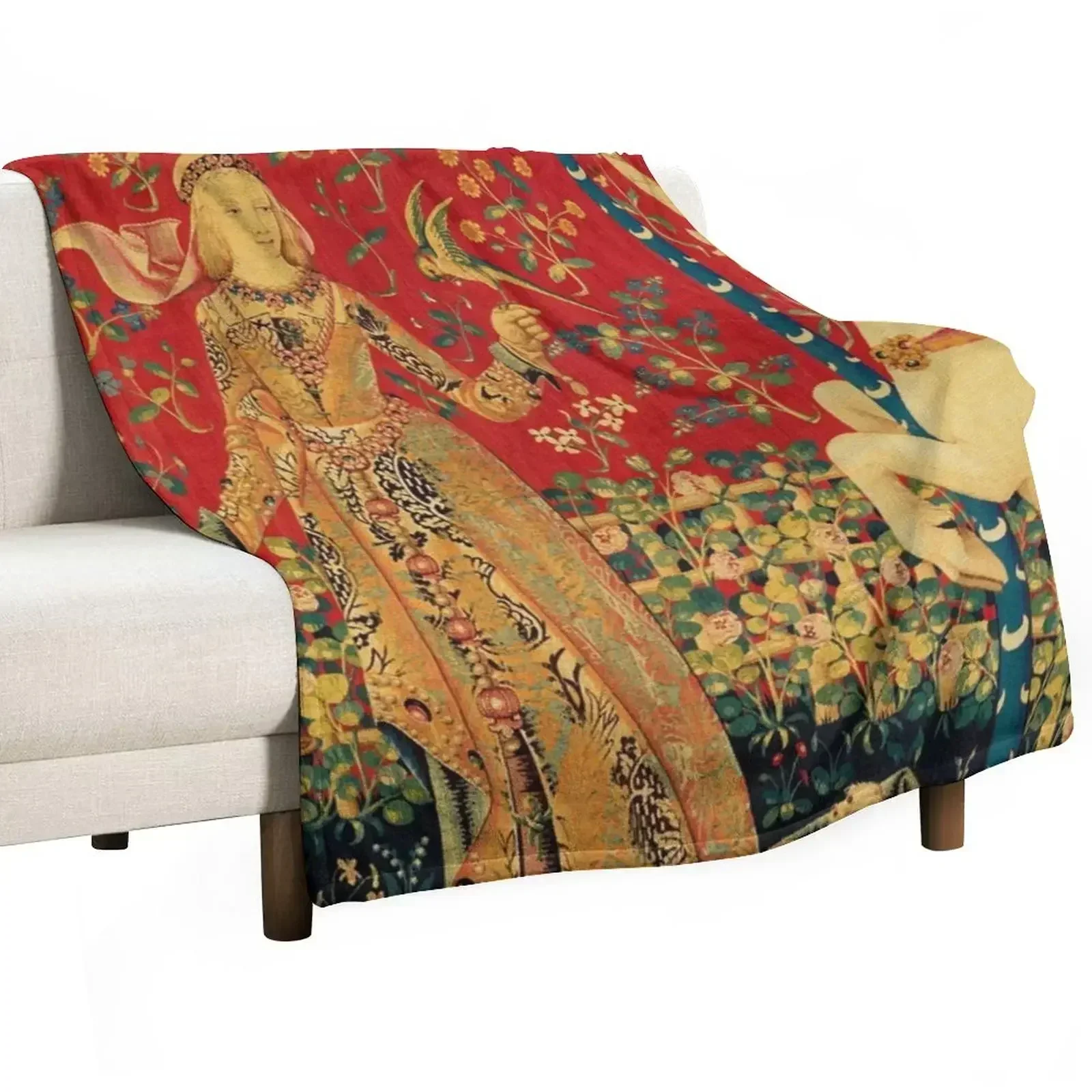 

LADY AND UNICORN Taste Detail ,Red Green Fantasy Flowers,Animals Throw Blanket Warm Flannel Blanket for Couch Chair Bedroom