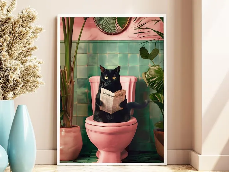 Trendy Bathroom Cat Pooping Reading in The Toilet Animal Canvas Painting Wall Art Print Bathroom Home WC Decor