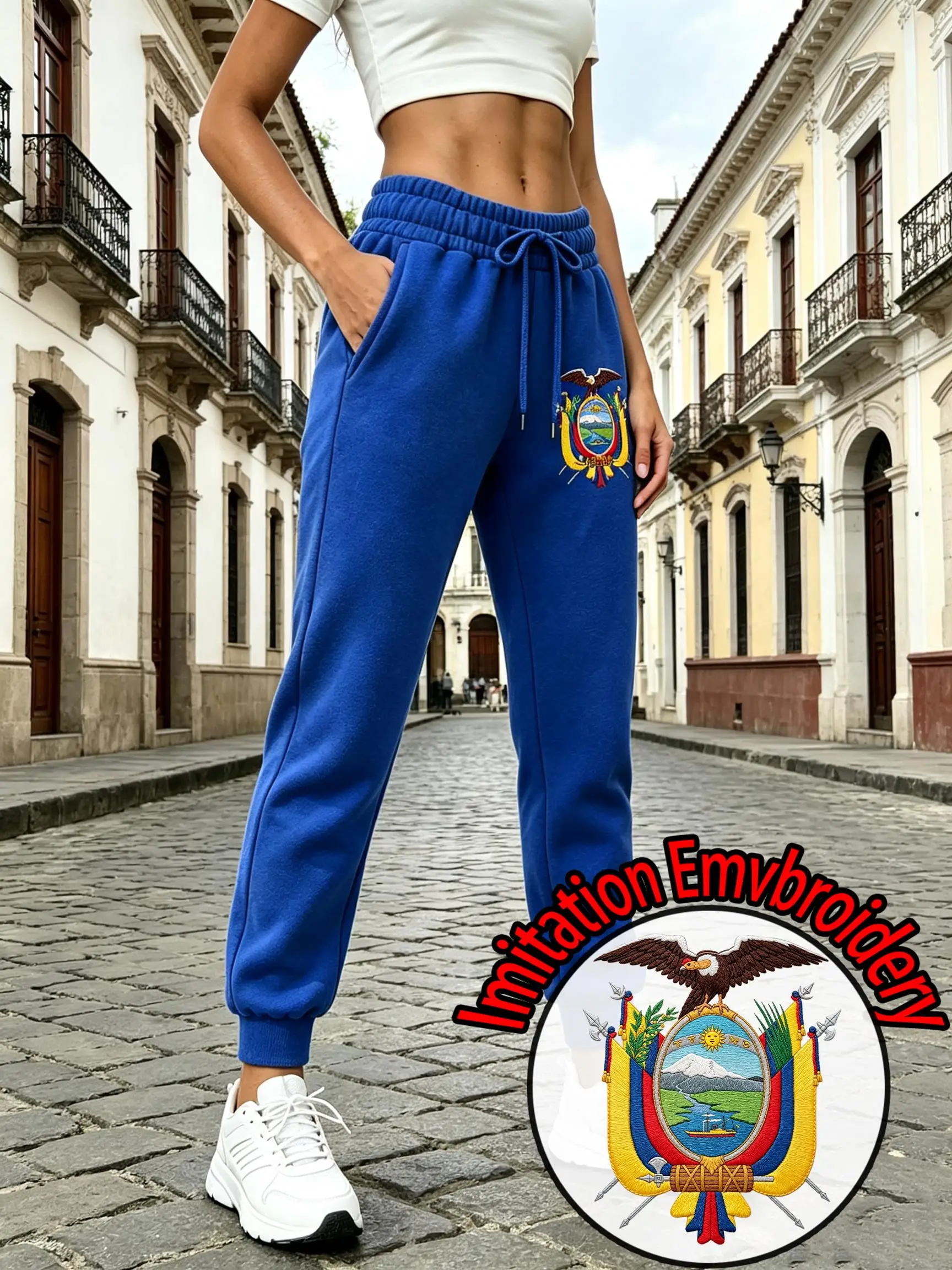 Ecuador Imitation Embroidery Printed Women Sweatpants Casual Pocket Pants Y2K Drawstring Autumn Trousers Fleece Jogging Pant